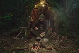 野外生存：一人一狗在丛林搭建庇护所，吃野菜和面包艰难挺过一晚视频封面