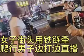 女子街头牵爬行男子边打边直播 女子用绳子将男子当狗牵视频封面