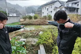 两位弹弓高手练习打15米，意外出现一条鱼，一发打过去直接沉底了视频封面