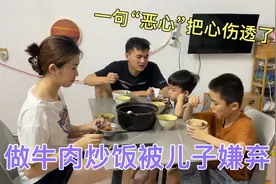 爸爸做牛肉炒饭吃，遭4岁宝宝嫌弃，一句“恶心”把心都给伤透了视频封面