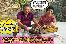农村夫妻俩晚饭：剩下的牛大骨炖米豆皮子，忙碌了一天就想吃点肉视频封面