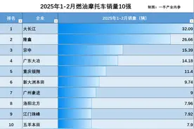 重磅！2025摩托1-2月销量：大长江32万辆，宗申第3，五羊本田第10图片
