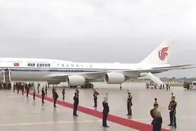 中方专机抵达巴黎，法总理接机，现场铺有超长红毯，礼兵分列两侧图片