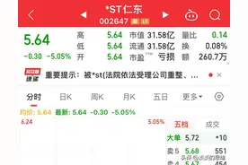 重整获得受理股票一字跌停，仁东控股7万股东懵了，有的已亏92%图片