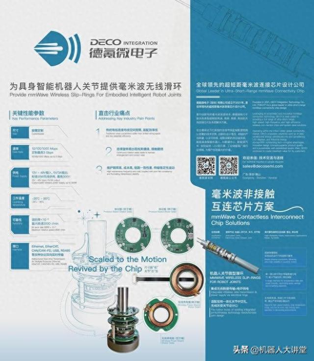 德氪微展示机器人关节毫米波无线滑环及非接触互连方案
