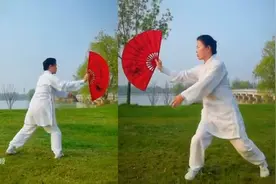 第二套太极功夫扇夕阳美正面背面双向对照演示 （李德印口令字幕图片
