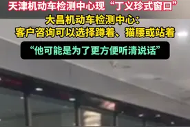 12月17日（原创采访），天津机动车检测中心现“丁义珍式窗口”，大昌机动车检测中心：客户咨询可以选择蹲着、猫腰或站着，“他可能是为了更方便听清说话”。（记者：汤亚辉）视频封面