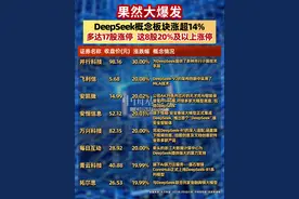 果然大爆发，DeepSeek概念板块涨超14%，多达17股涨停，这8股20%及以上涨停 (记者：牛思若，南深)#DeepSeek  #股市  #财智数据视频封面