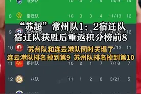 “苏超”常州队1：2宿迁队，宿迁队获胜后重返积分榜前8，苏州队和连云港队同时天塌了，连云港队排名掉到第9 苏州队排名掉到第10 #江苏城市足球联赛   #苏超积分榜   #局势紧张   #厉害了我的队