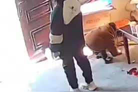 1月27日河南郑州，两岁小孩学哥哥点呲花玩，谁知点燃了“天地两响”，爸爸将其赶紧抱出屋后，再次冒险进去将炮仗踢灭，“也没打他，太小打了也没用”#河南dou知道视频封面