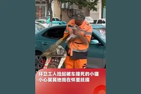 6月28日辽宁，环卫工人捡起被车撞死的小猫，小心翼翼地抱在怀里抚摸，网友：柔软的心价值千金视频封面