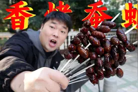 一只蚕蛹蛋白质顶上三个鸡蛋还大补，胖小伙直接烤40多个吃过瘾！视频封面