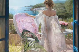 阳光露台上身着粉裙的女子：西班牙画家Redondo的人物画欣赏图片