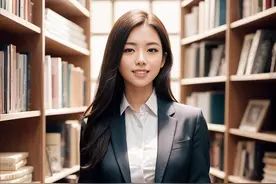 AI生成的以图书馆为背景的长发黑色职业装美女照片，尽显书香雅气图片