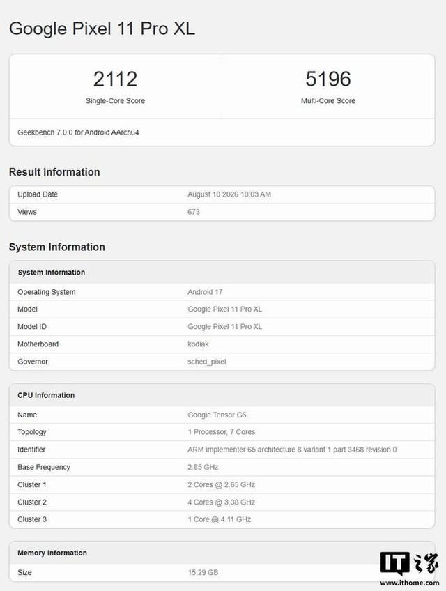 谷歌Pixel 11 Pro XL手机跑分曝光