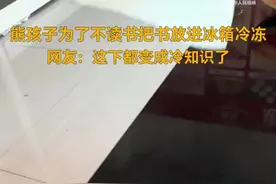 熊孩子不想学习把课本沾水后放进冰箱冷冻图片