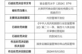 太原农村商业银行阳曲支行被罚30万元：内控管理不到位图片