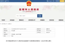 江苏省盐城市市场监管局关于13批次食品抽检不合格情况的通告（2024年第12期）图片