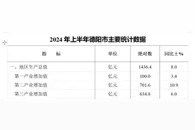 四川德阳2024年上半年地区生产总值1436.4亿元，同比增长8.0%图片
