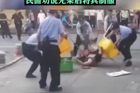 大妈手持双菜刀上街，路人纷纷避让，民警劝说无果后将其制服。#持刀上街民警制服图片
