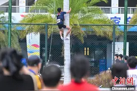 海南省七届民族运动会趣味项目多 选手9秒爬上椰子树图片