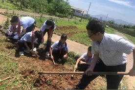 把课堂搬到田地里，老师挥着锄头带着学生种菜图片