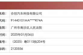 合创汽车新增被执行人信息，执行标的212万元图片