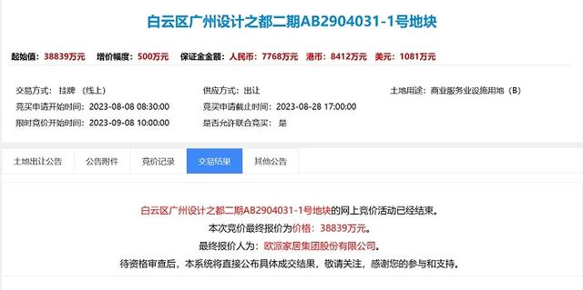 3亿元逆势拿地，欧派家居再度布局广州设计之都，并将逐步布局存量需求市场