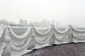 威海开启“急冻模式”，海边护栏结满冰凌图片