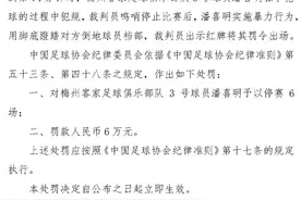 脚蹬北京国安球员裆部！足协罚单：潘喜明停赛6场、罚6万图片