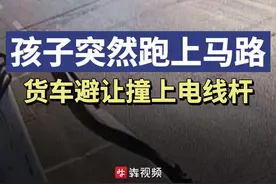 孩子突然冲上马路，货车紧急避让撞倒电线杆图片