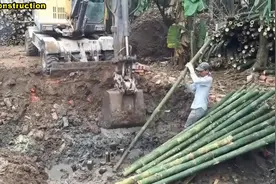 竹子用挖掘机压入地基，这样加固地基盖房子的方法还是第一次见视频封面